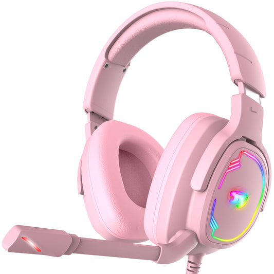 Jimonyer Gaming Headset - Stereo Surround Sound, Noise Canceling Mic, 3.5mm Jack, RGB Light, Pink, Model A82