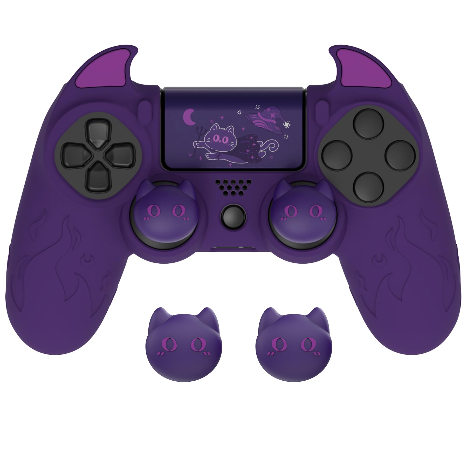 PlayVital PS4 Cute Demon Controller Skin - Purple Silicone Grip Cover with Thumb Grips & Stickers for PS4 Slim/Pro