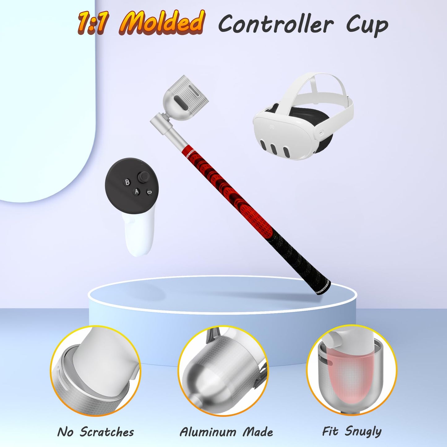ZHGM VR Golf Club Attachment for Meta Oculus Quest 3 - Tilt Up Red, Aluminum 1:1 Molded Controller Adapter, Right Grip, Model Q3-1