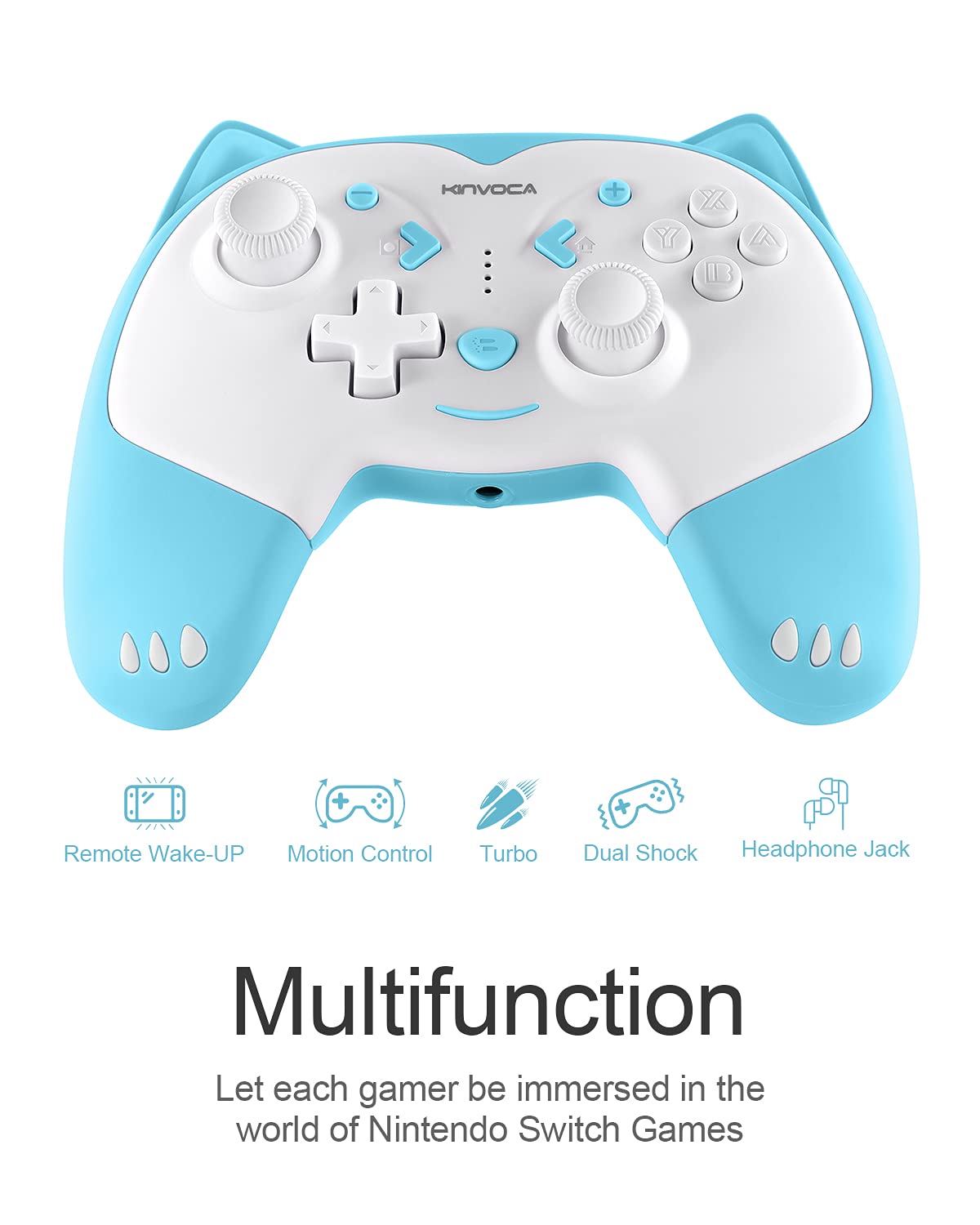 KINVOCA Wireless Controller for Nintendo Switch - Turbo, Vibration, Motion, Blue, Model EG09A