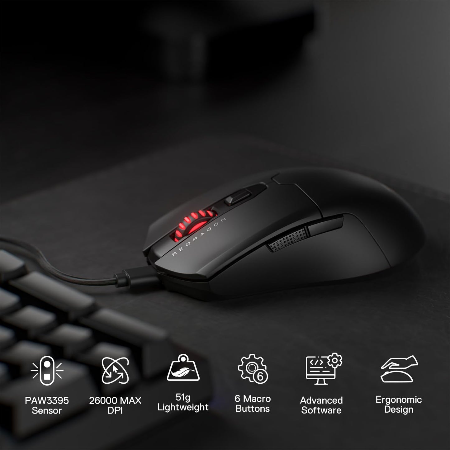Redragon M995 Wired Gaming Mouse, 26000 DPI, 6 Programmable Buttons, 5 Backlit Modes, Ultra Lightweight, Black