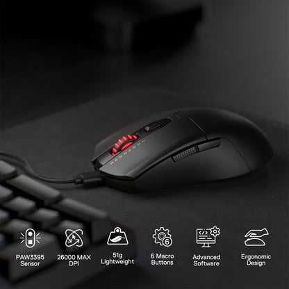 Redragon M995 Wired Gaming Mouse, 26000 DPI, 6 Programmable Buttons, 5 Backlit Modes, Ultra Lightweight, Black