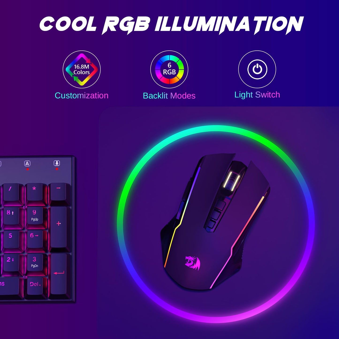 Redragon M914P Wireless Gaming Mouse - Tri-Mode 2.4G/USB-C/Bluetooth, 12000 DPI, RGB Backlit, Black