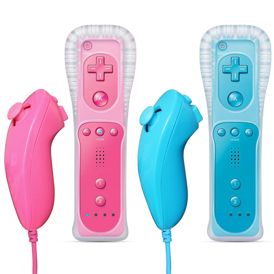 FASIGO Remote Controller with Nunchuck, 2 Pack - Compatible with Nintendo Wii/Wii U, Pink & Blue