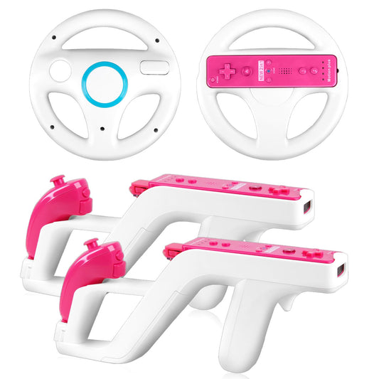 LongLongJin 2 Racing wii Steering Wheels And 2 wii Zapper Gun Controller Premium Wii Accessories  Compatible With Nintendo Wii U Remote and Nunchuck Games(White)