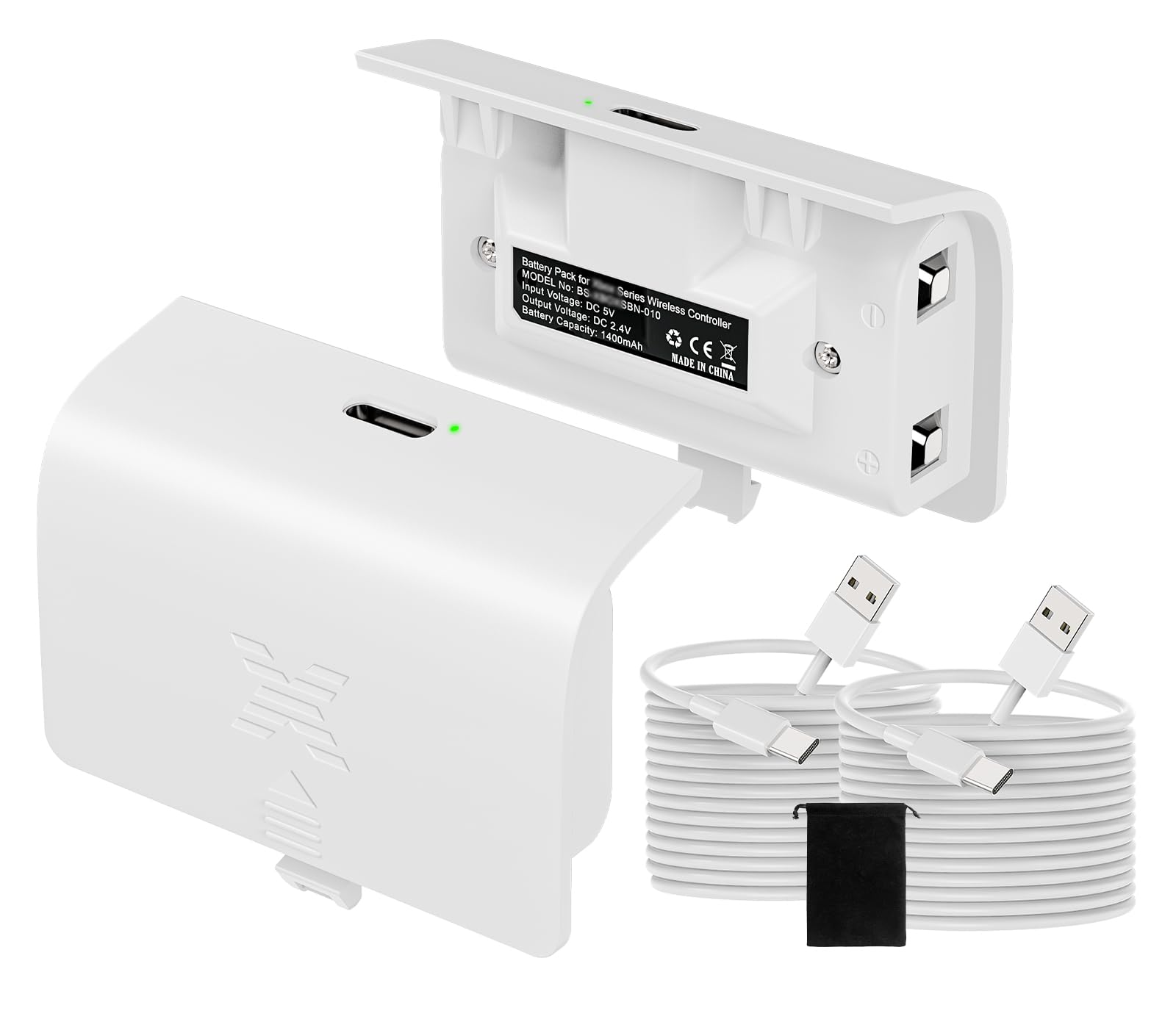 KEKUCULL Xbox Series S/X Controller Battery Pack, 2x1400mAh Rechargeable, Type-C Charging, White, Model RT010A4-W