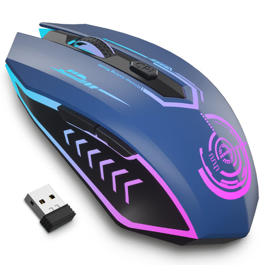 UHURU Wireless Gaming Mouse - 7 Buttons, 7 LED Colors, 12000 DPI, Rechargeable, Blue