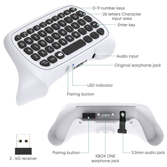 FASTSNAIL Wireless Keyboard Controller for Xbox Series X/S - Ergonomic USB QWERTY Chatpad with Audio Jack - White, Model XSX24-2
