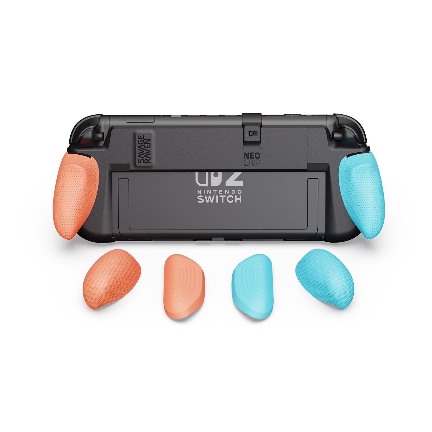 Savage Raven by Skull & Co. NeoGrip: an Ergonomic Grip Hard Shell with Replaceable Grips [to fit All Hands Sizes] for Nintendo Switch 2 - Neon Blue & Red