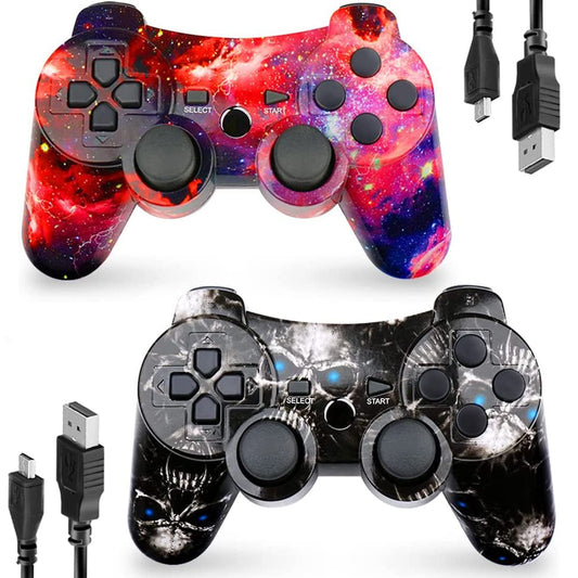 CHENGDAO PS3 Wireless Controller 2 Pack - 6-Axis, Double Vibration, Motion Control - Skull + Galaxy