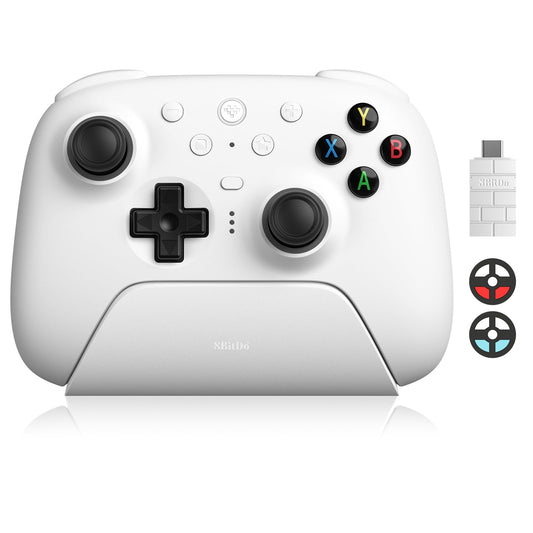 8BitDo Ultimate 2 Wireless Controller with TMR Joysticks for Windows & Android  Gaming Controller with Switchable Hall Effect/Tactile Triggers  RGB Fire Ring 8Speed Wireless Tech  Charging Dock  White