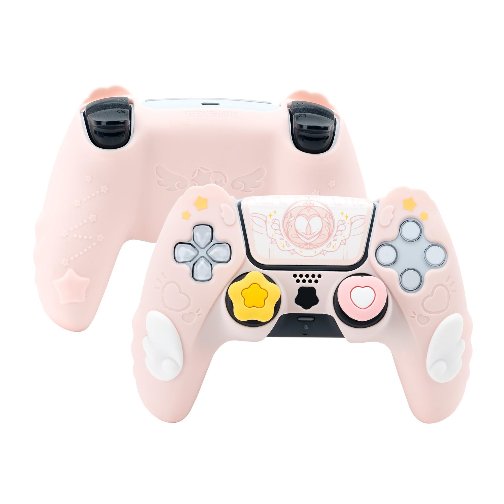 GeekShare PS5 Controller Skin Set Silicone Protective Cover Skin Case for PS5 Wireless Controller with 2 Thumb Grip Caps and 2 Stickers - Star Wings Series (Pink)
