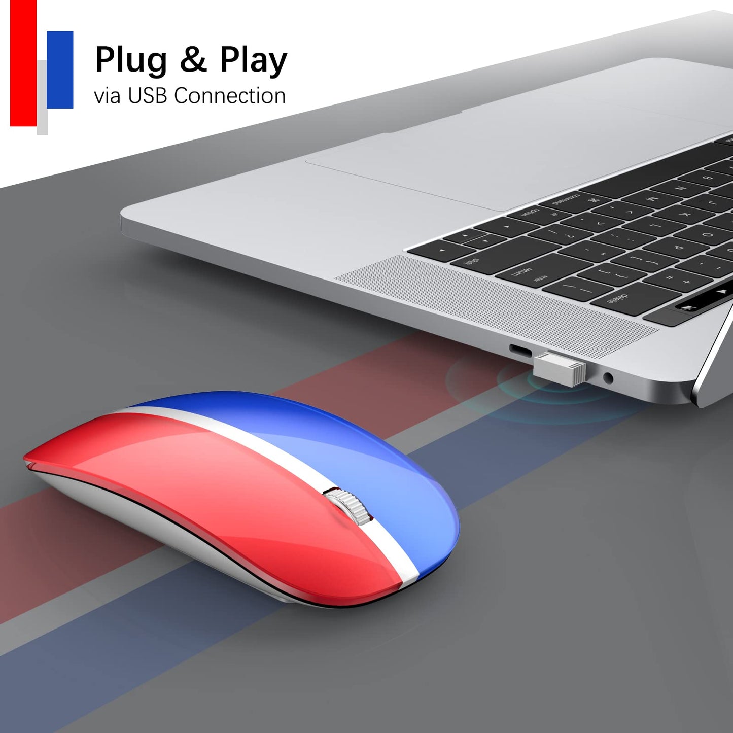 J JOYACCESS Magic Wireless Mouse - 2.4G Slim Rechargeable, Silent, 5-Speed DPI, Portable USB, Red & Blue