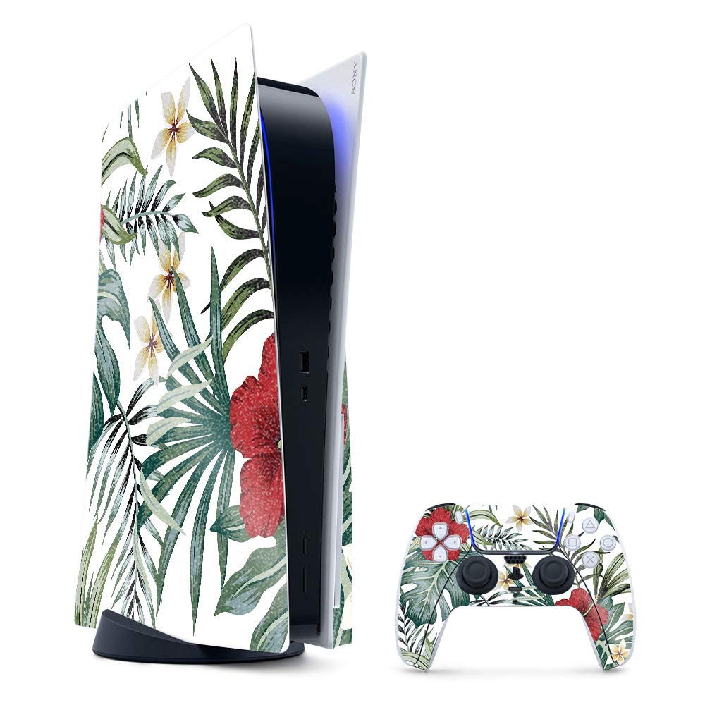 MightySkins Glossy Glitter Gaming Skin for PS5 / PlayStation 5 Bundle - Tropical Hibiscus | Durable High-Gloss Glitter Finish | Easy to Apply and Change Style | Made in The USA