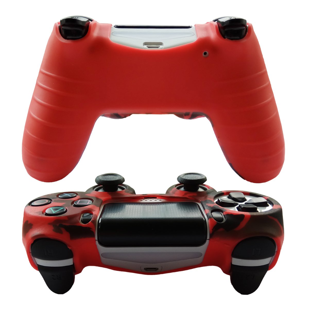 Hikfly Silicone Gel Controller Cover for PS4/PS4 Slim/Pro - Red with 8 FPS Pro Thumb Grip Caps