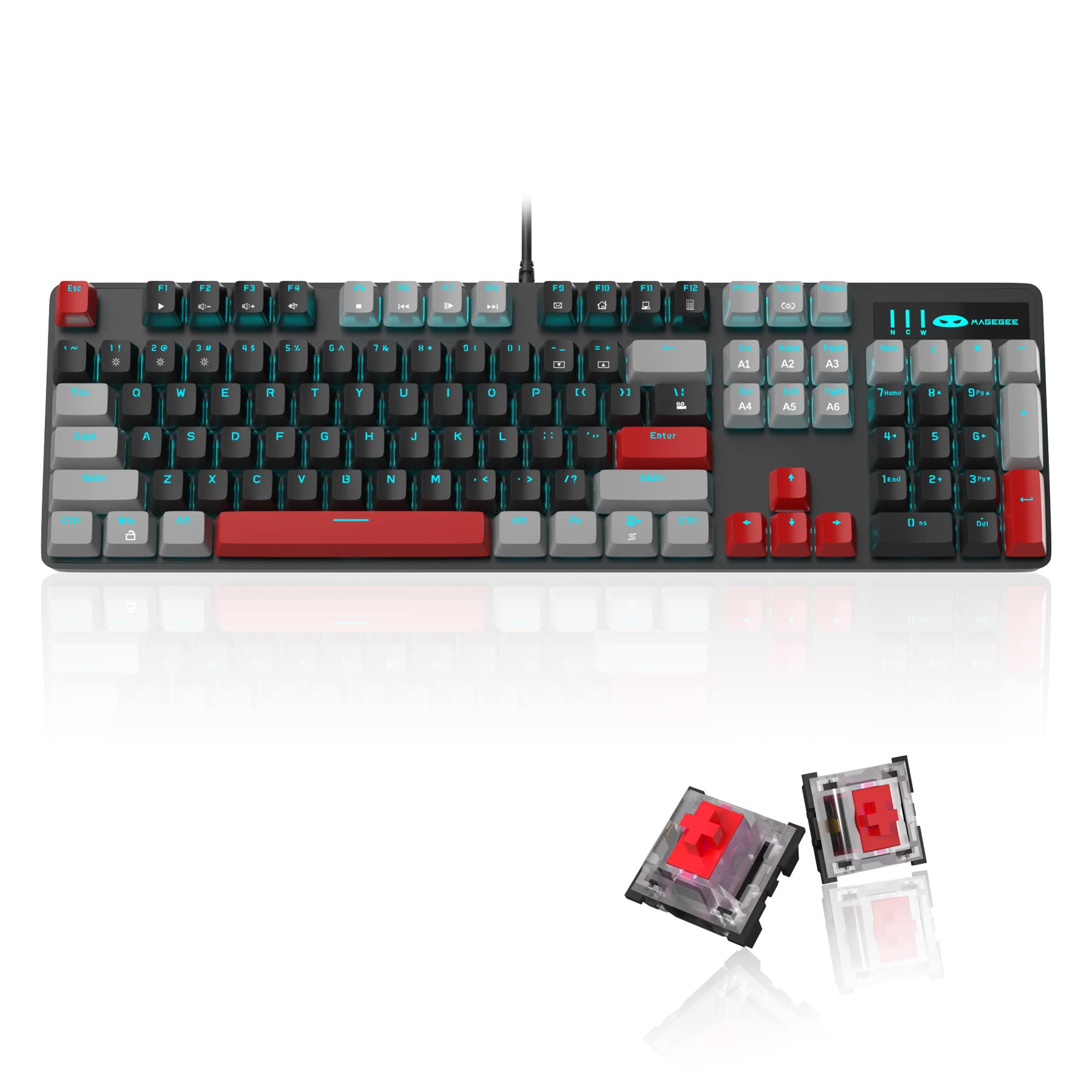 MageGee Mechanical Gaming Keyboard  104 Keys Blue Backlit Keyboard with Red Switches Double-Shot Keycaps  USB Wired Mechanical Computer Keyboard for Laptop  Desktop  PC Gamers(Gray & Black)
