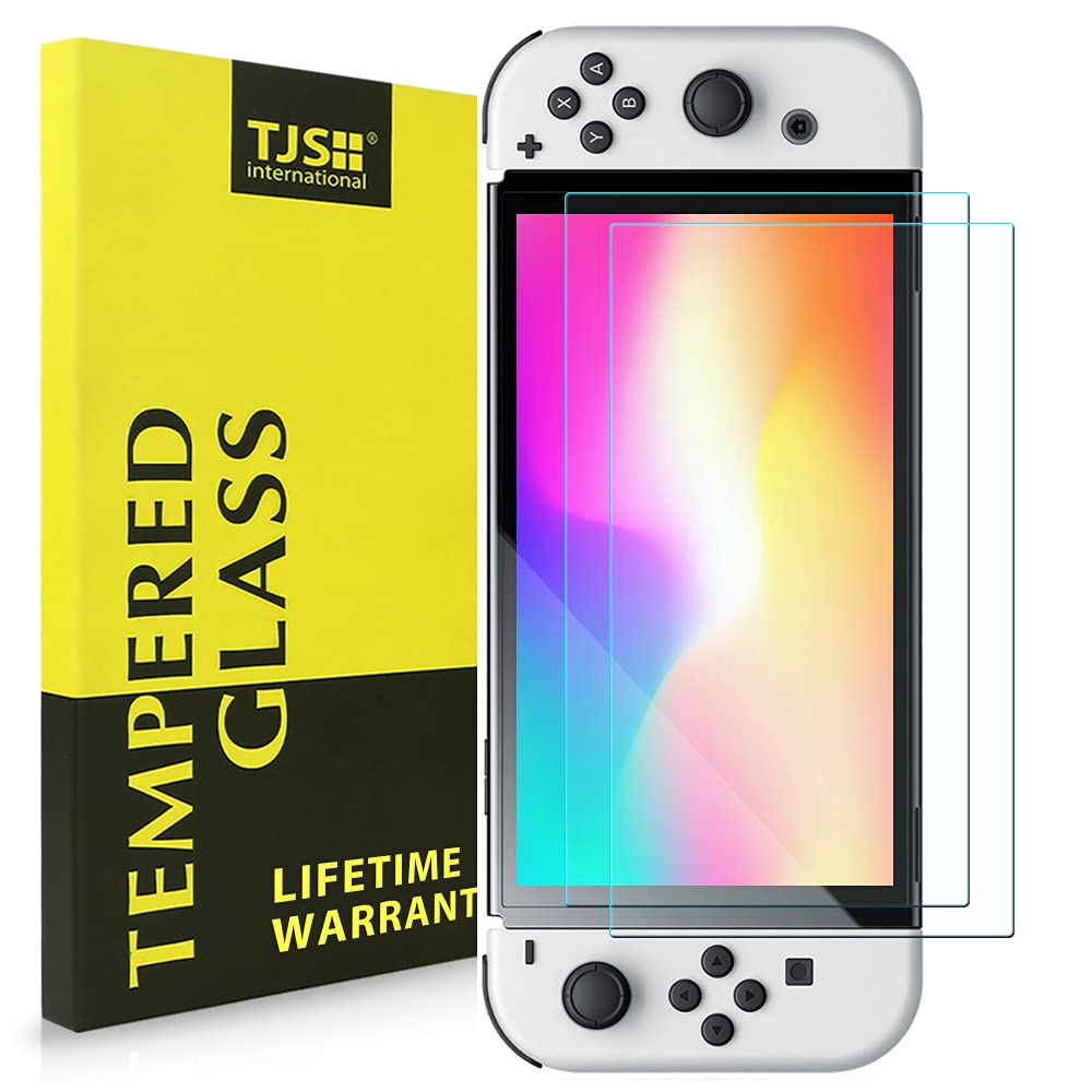 TJS 2 Pack Screen Protector Tempered Glass for Nintendo Switch OLED Model 2021 7.0  [Works While Docking] - 0.3mm Thickness/Bubble Free/Ultra Clear/9H Hardness/Anti-Scratch/Anti-Fingerprint (Clear)
