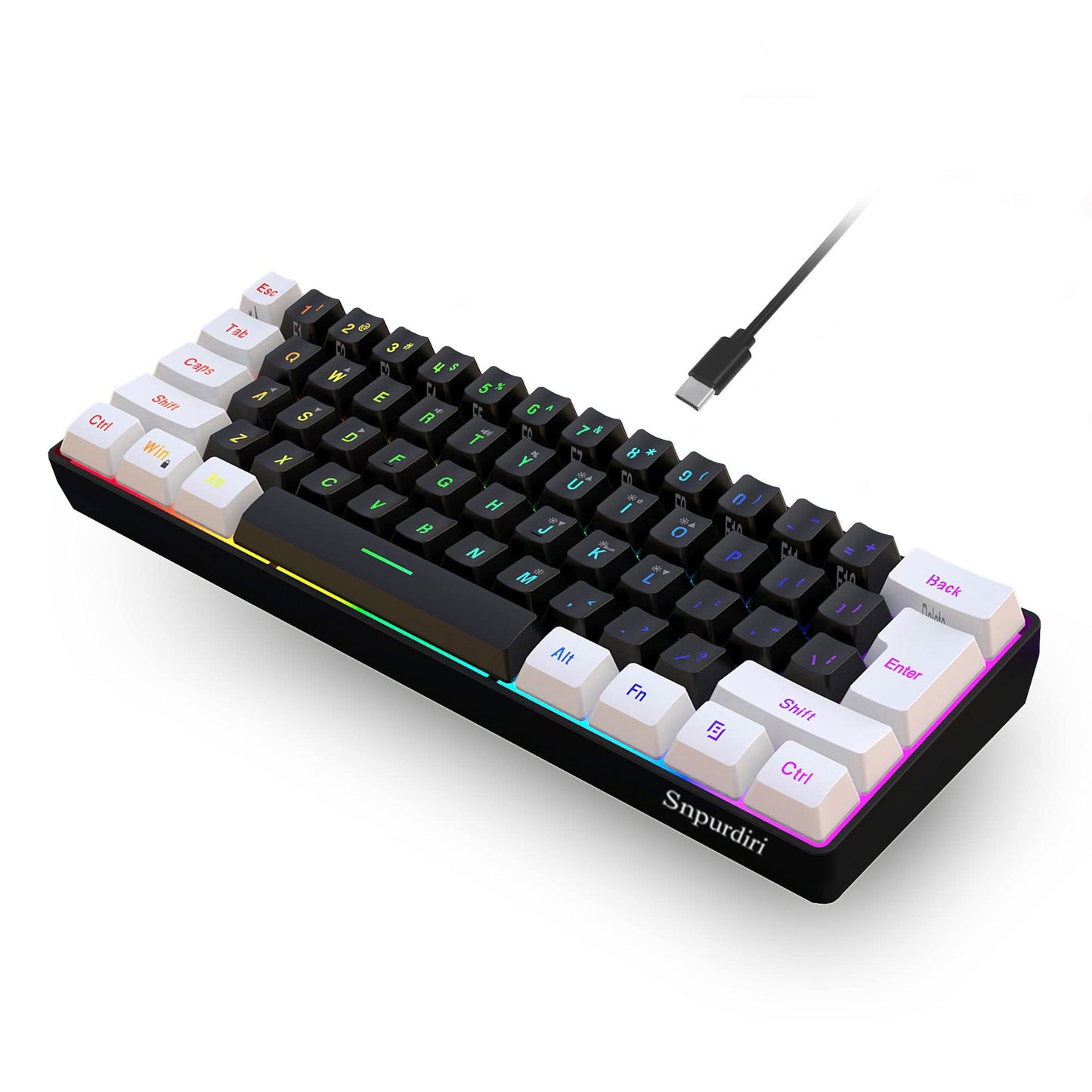 Snpurdiri 60% Wired Gaming Keyboard - RGB Backlit, Ultra-Compact, Waterproof, White and Black