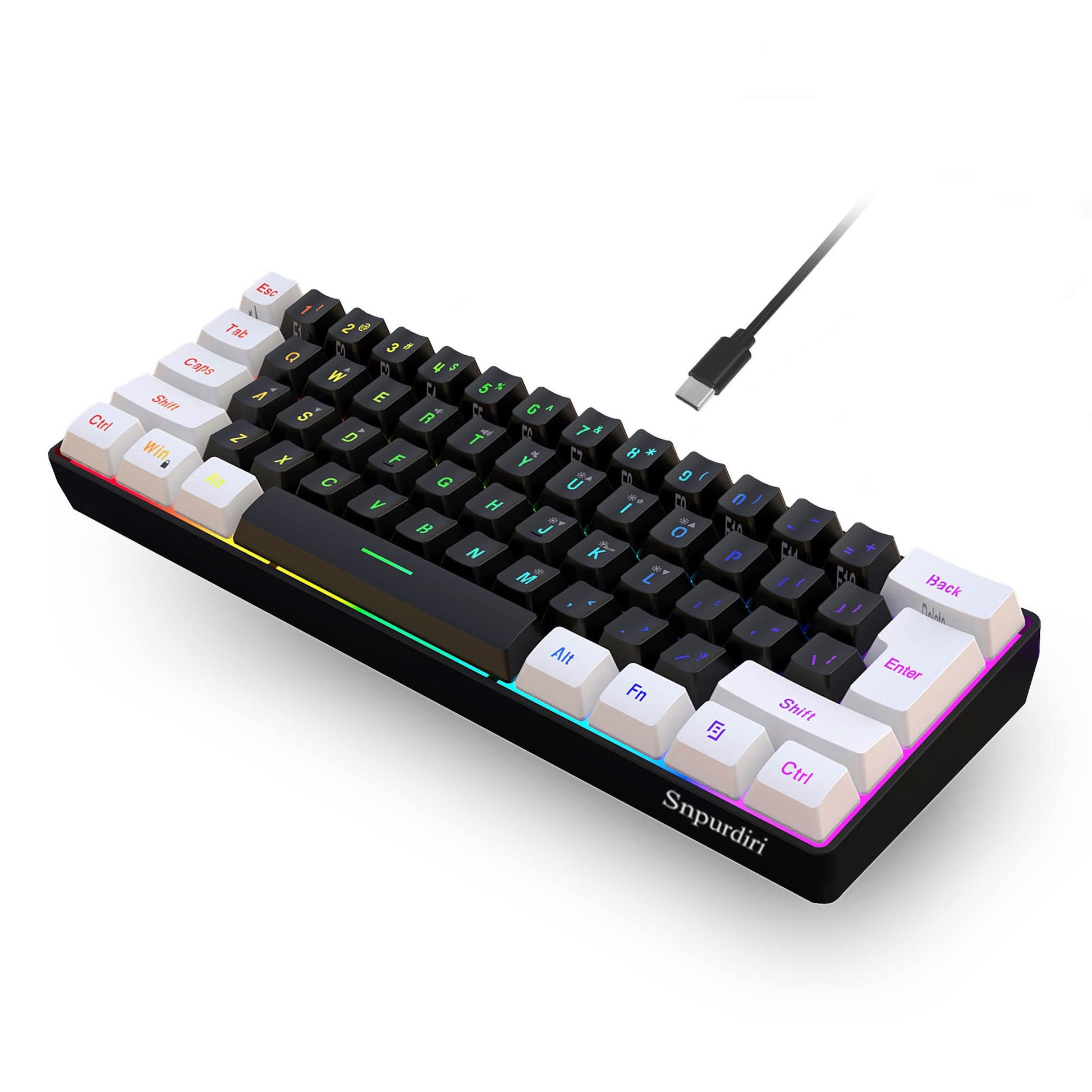 Snpurdiri 60% Wired Gaming Keyboard - RGB Backlit, Ultra-Compact, Waterproof, White and Black