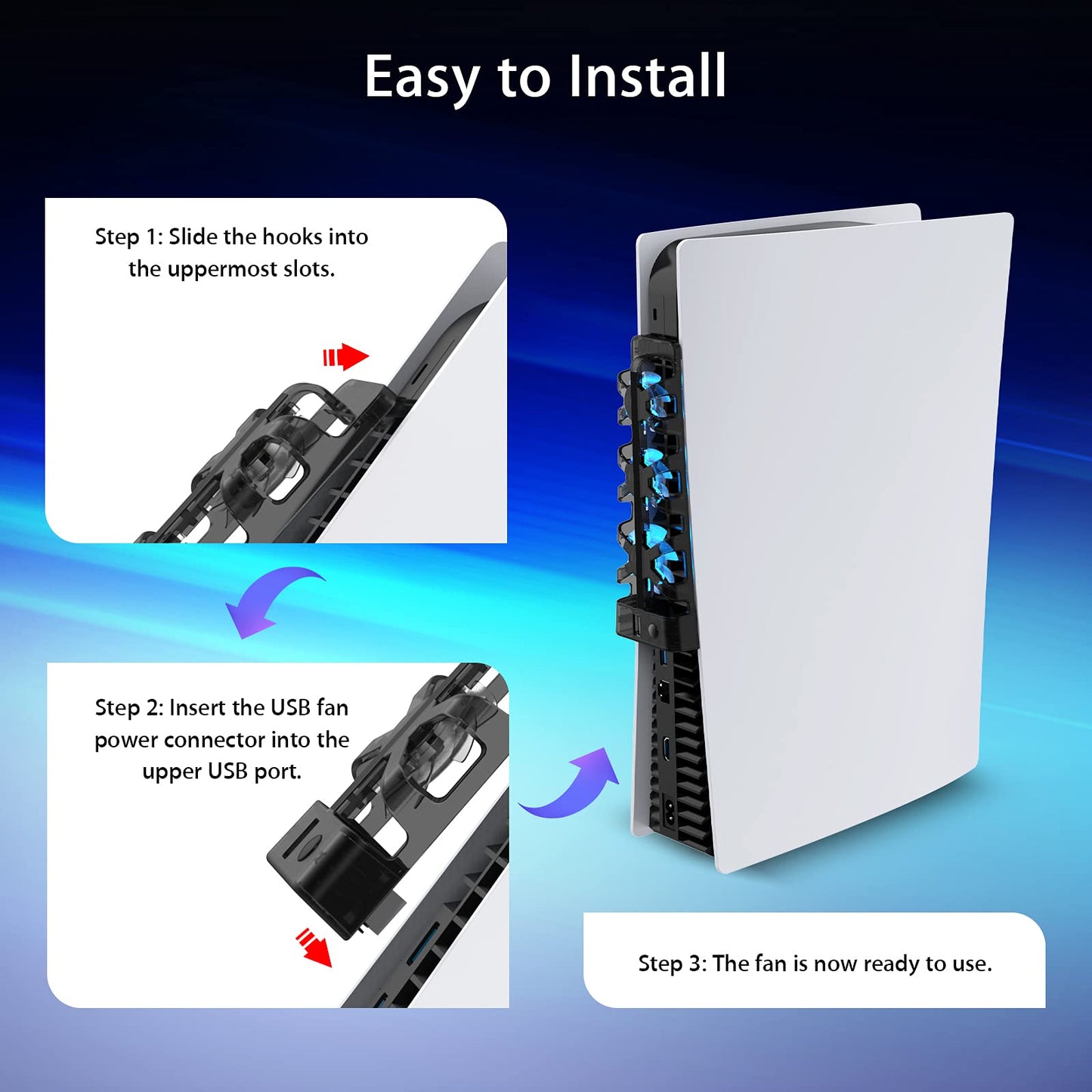 NexiGo Cooling Fan for PS5 - 3 Speed Levels, LED Light, Black, Model 1523BLK, Extra USB Port