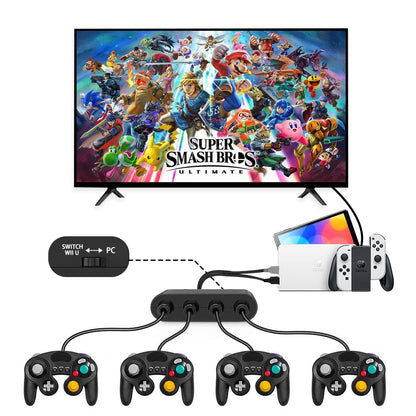 PURBHE Gamecube Controller Adapter for Switch/OLED/PC - 4 Ports, 6 FT Cable, Turbo & Vibration, Black