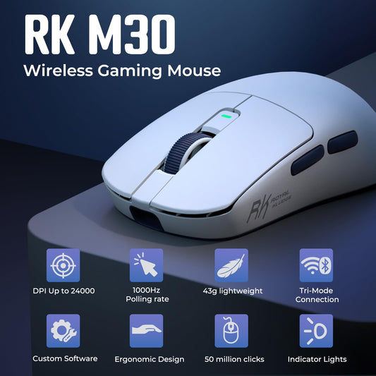 RK ROYAL KLUDGE RK M30 Wireless Gaming Mouse - 24000 DPI, Ultra-Lightweight 43g, 5 Programmable Buttons, White, Bluetooth/USB-C
