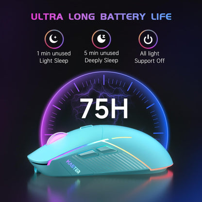 FFJ Wireless Gaming Mouse - 24000 DPI, Tri-Mode 2.4G/USB-C/Bluetooth, RGB, 75Hrs Battery Life, Mint, Model Master01