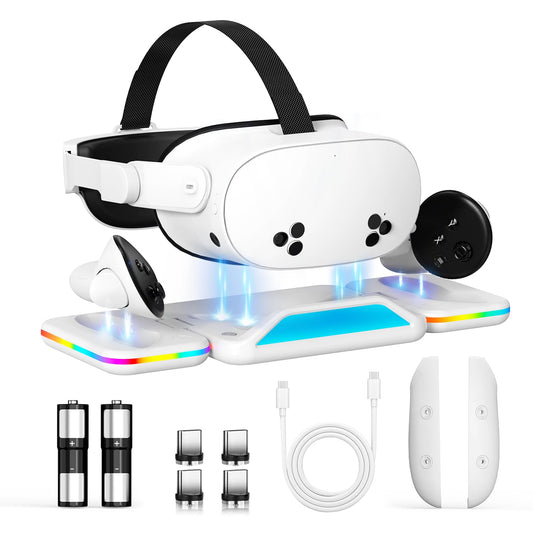 RGB Charging Dock for Oculus Quest 3S/3 Foldable Charging Station for Meta 3S VR Headset & Controllers  with 2 Rechargeable 2100mAh Batteries  Supports LED Indicator