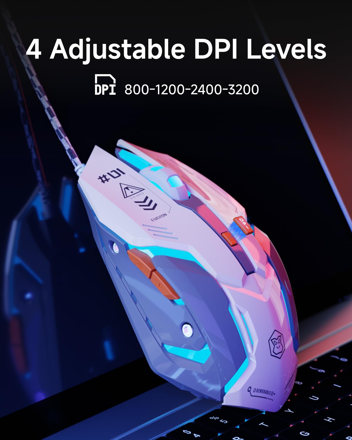 SEUNKWANG G10 Wired Gaming Mouse with RGB Backlit, 3200 DPI, Ergonomic Design, Gray-White, 6 Buttons, USB for PC/Laptop