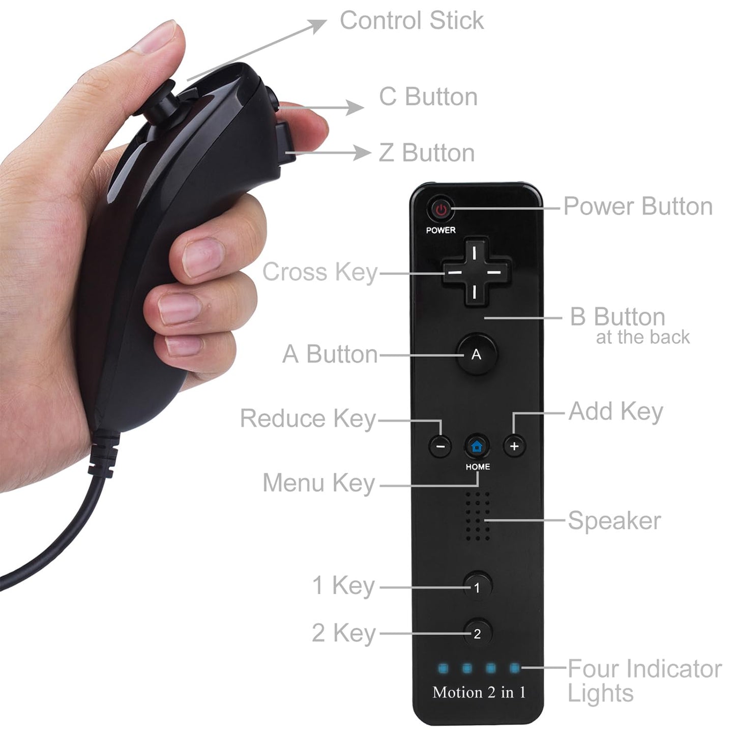 ECRABONE Wii Nunchuck Remote Controller 2 Pack with Motion Plus, Shock Function, Black & Blue