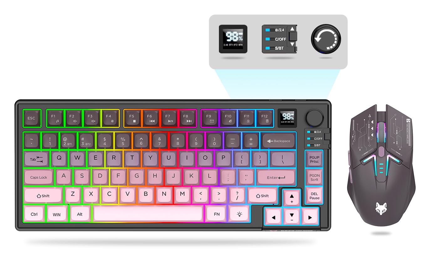 Attoe Wireless Gaming Keyboard and Mouse Combo, Tri-Mode BT5.0/2.4GHz/USB-C, RGB, 1600DPI, Gradient Pink, Model JSTZK92
