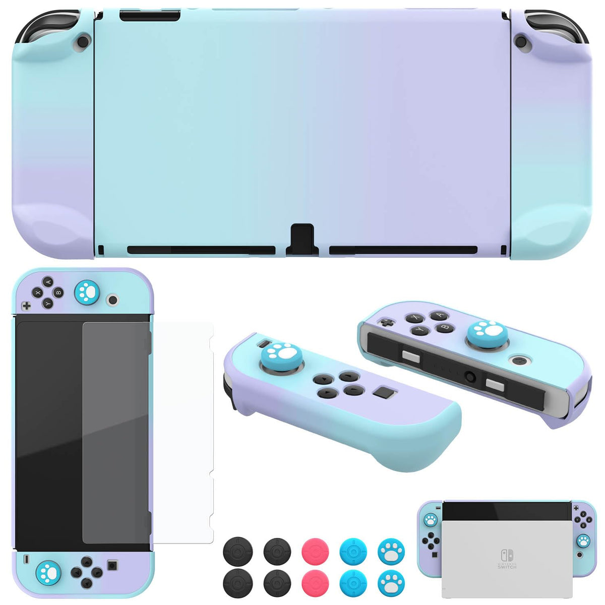 COMCOOL Dockable Case for Nintendo Switch OLED - [9 FT Military Grade Drop Protection] [with Tempered Glass Screen Protector and Thumb Grips] Protective Cover for Nintendo Switch OLED - Purple Blue