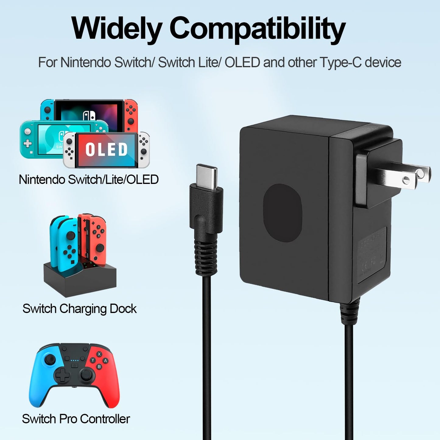 ENGFYADSY Charger for Nintendo Switch/OLED/Lite, 15V 2.6A Fast Charging, Black, 5FT Cable, Model WY500150