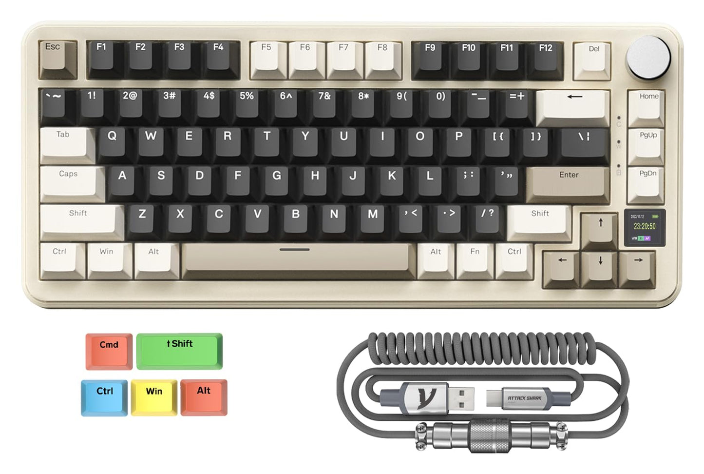 MAGIC-REFINER ATTACK SHARK X85PRO 75% Wireless Mechanical keyboard TFT Smart Display&Knob BT/2.4GHz/Wired Custom Gaming Keyboard Gasket Hot-Swap RGB with Pro Cable&5 Color PBT Keycaps for PC/MAC Cream