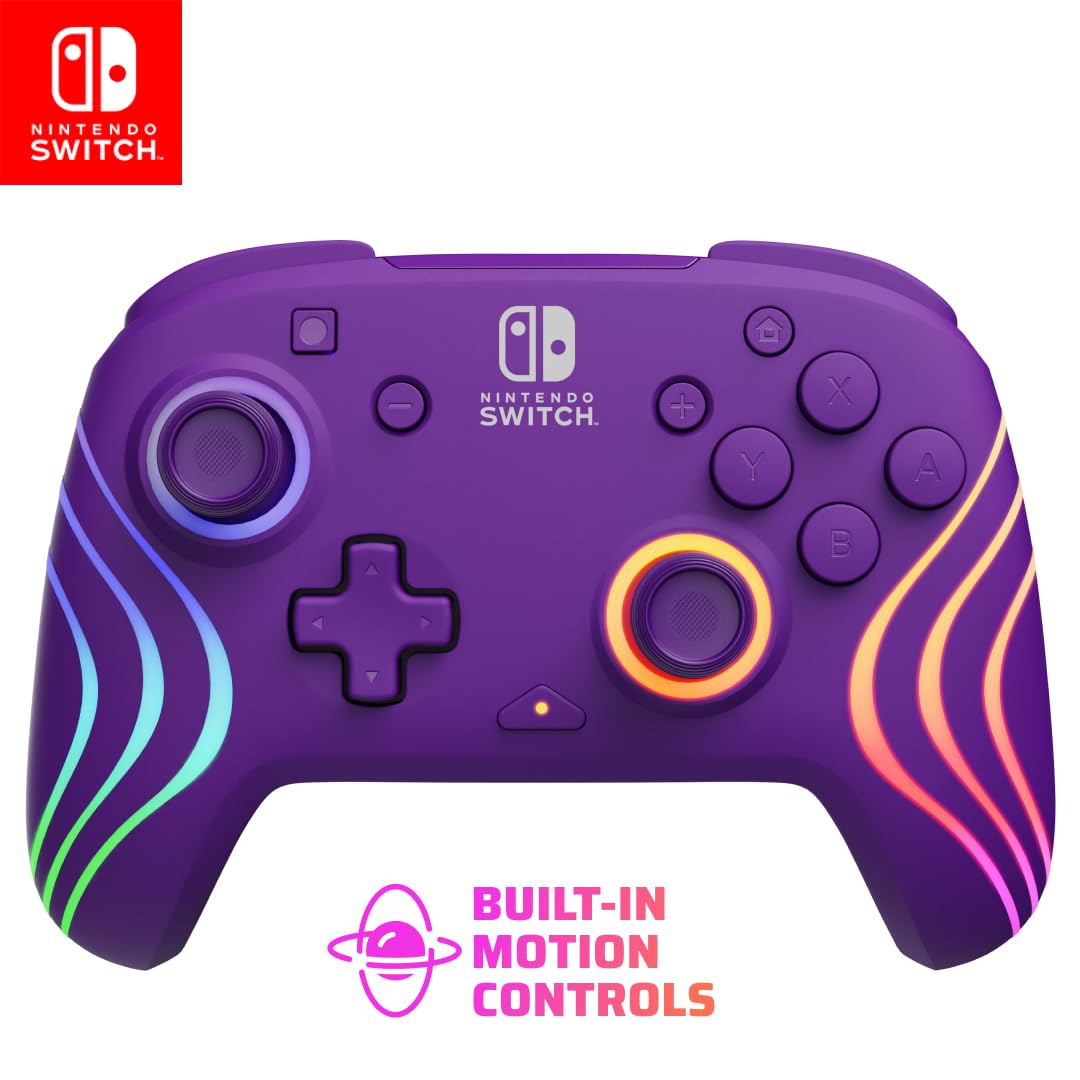 PDP Afterglow Wave Wireless Nintendo Switch Pro Controller with Motion Controls  Fully Licensed for Switch/OLED  Customizable LED Lighting  30 Foot Range  20 Hour Rechargeable Battery Power: Purple