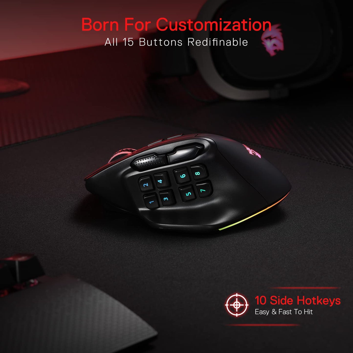 Redragon M811 PRO Wireless MMO Gaming Mouse - 15 Programmable Buttons, Ergonomic Grip, Black