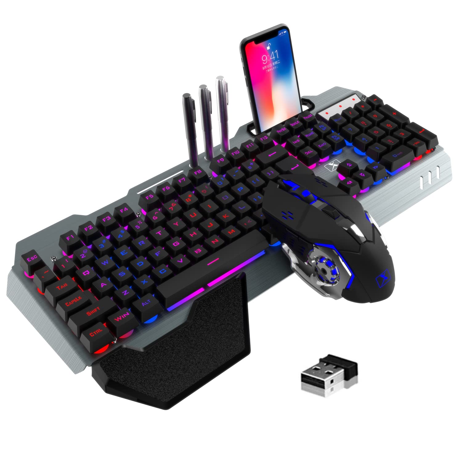 Wireless Gaming Keyboard and Mouse Combo Rainbow LED Backlit Keyboard with Rechargeable 3800mAh Battery Metal Panel Removable Wrist Rest Mechanical Feel and 7 Color Mute Gaming Mice for PC PS4 PS5