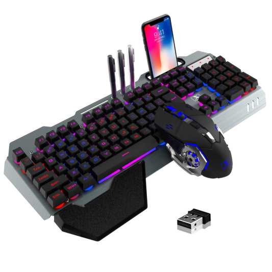Wireless Gaming Keyboard and Mouse Combo Rainbow LED Backlit Keyboard with Rechargeable 3800mAh Battery Metal Panel Removable Wrist Rest Mechanical Feel and 7 Color Mute Gaming Mice for PC PS4 PS5