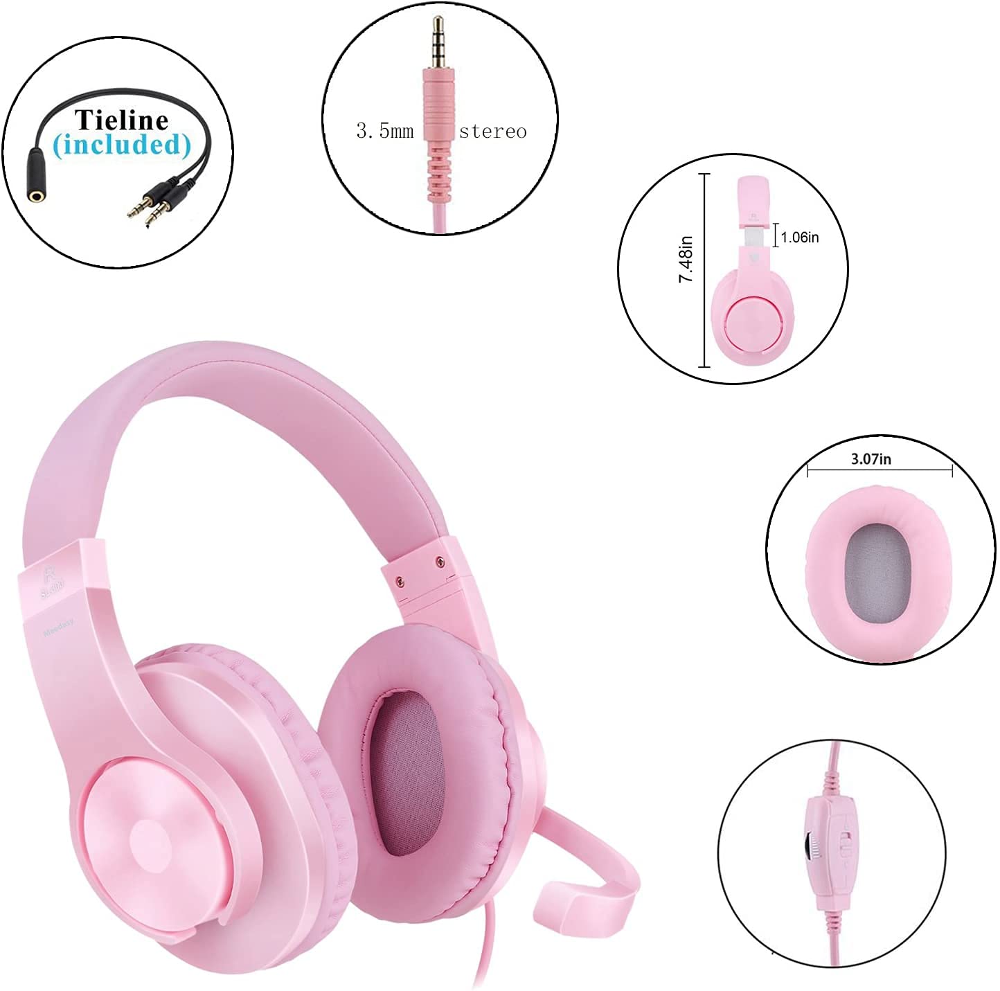 Meedasy Over-Ear Gaming Headphone for Xbox One & PS4, Pink, Bass Stereo, Wired, Microphone, Model 43191609