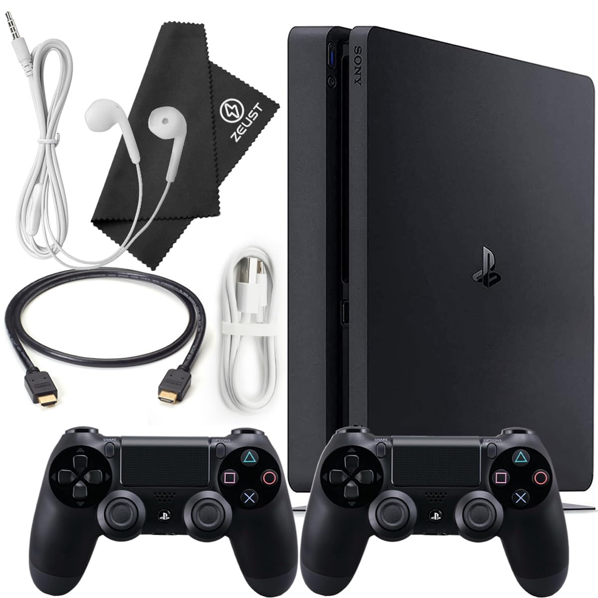 PlayStation 4 Slim 500GB Console Bundle - Includes the PS4 Slim Console 500GB  2 Dualshock 4 Wireless Controllers  MicroUSB Charging Cable  HDMI cable  Wired Earbuds and Microfiber Cloth (refurbished)