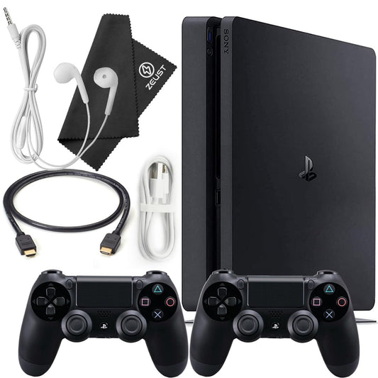 PlayStation 4 Slim 500GB Console Bundle - Includes the PS4 Slim Console 500GB  2 Dualshock 4 Wireless Controllers  MicroUSB Charging Cable  HDMI cable  Wired Earbuds and Microfiber Cloth (refurbished)