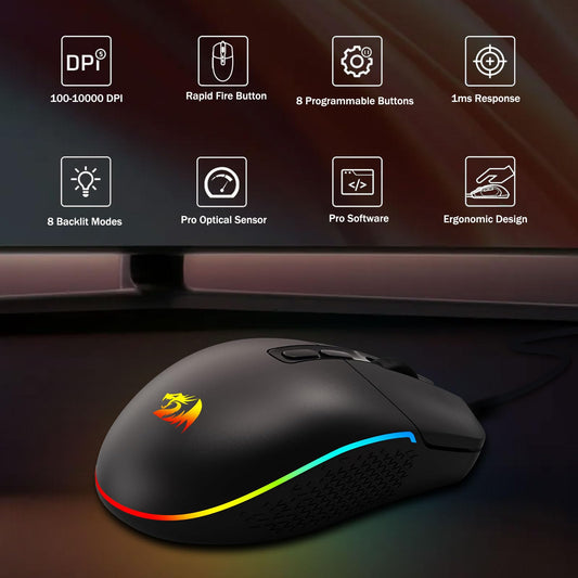 Redragon M719 Antonium RGB Gaming Mouse - 10,000 DPI, 8 Programmable Buttons, Black, Wired with DIY Keybinds & Backlit Modes