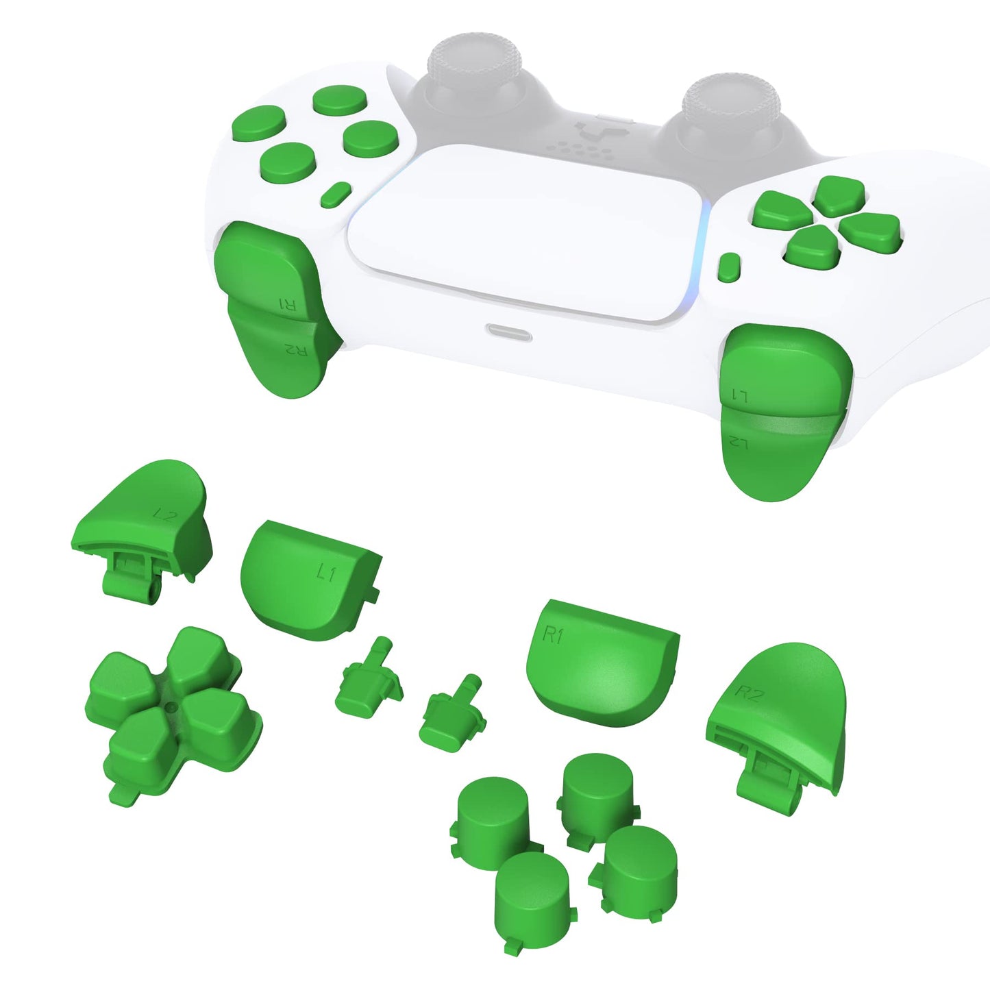 eXtremeRate Replacement D-pad R1 L1 R2 L2 Triggers Share Options Face Buttons  Green Full Set Buttons Compatible with ps5 Controller BDM-010 & BDM-020