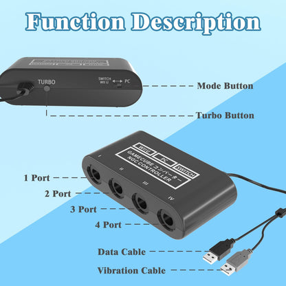 pdobq Gamecube Controller Adapter for Nintendo Switch & PC, 4 Controller Support, 180cm Cable, Black, Model 1274005