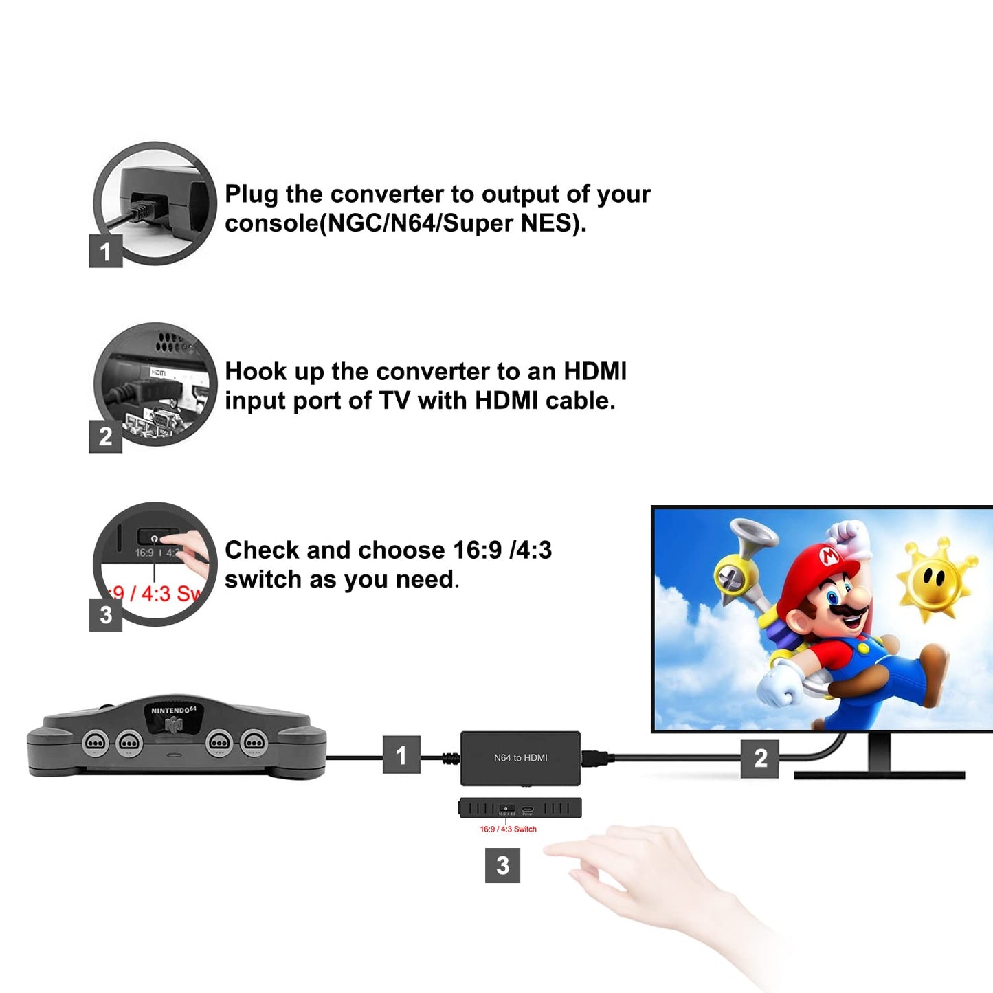 Y.D.F N64 to HDMI Converter Adapter - 16:9/4:3 Support, Plug and Play, Black, Model OM-059N64, Compatible with N64/SNES/NG