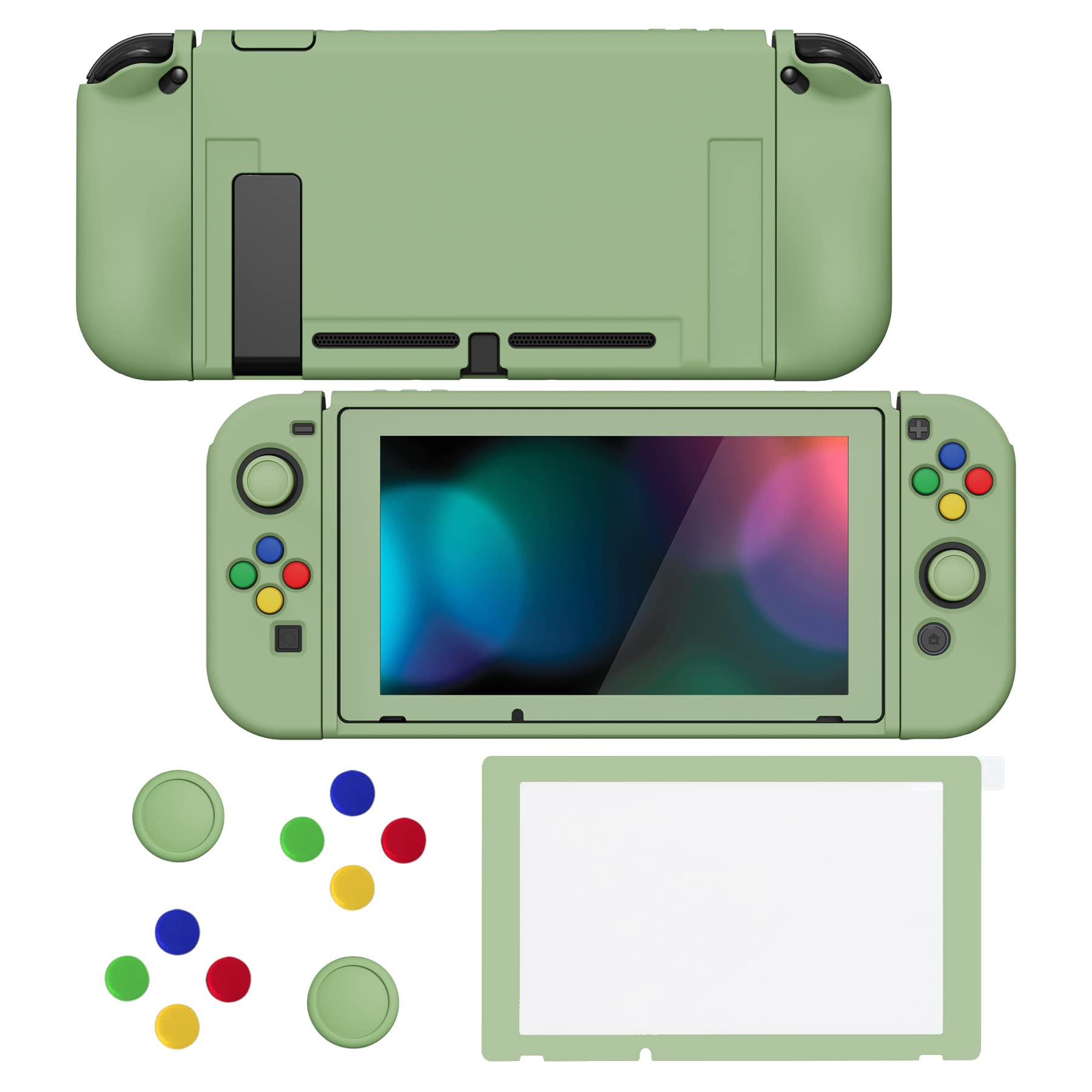 PlayVital ZealProtect Soft Protective Case for Nintendo Switch  Flexible Joycon Cover Slim Cover for Nintendo Switch with Screen Protector & Thumb Grip Caps & ABXY Direction Button Caps - Matcha Green