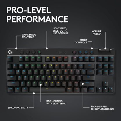 Logitech G PRO X TKL Wireless Gaming Keyboard - Tenkeyless, LIGHTSYNC RGB, PBT Keycaps, Tactile Switches (GX Brown), Black