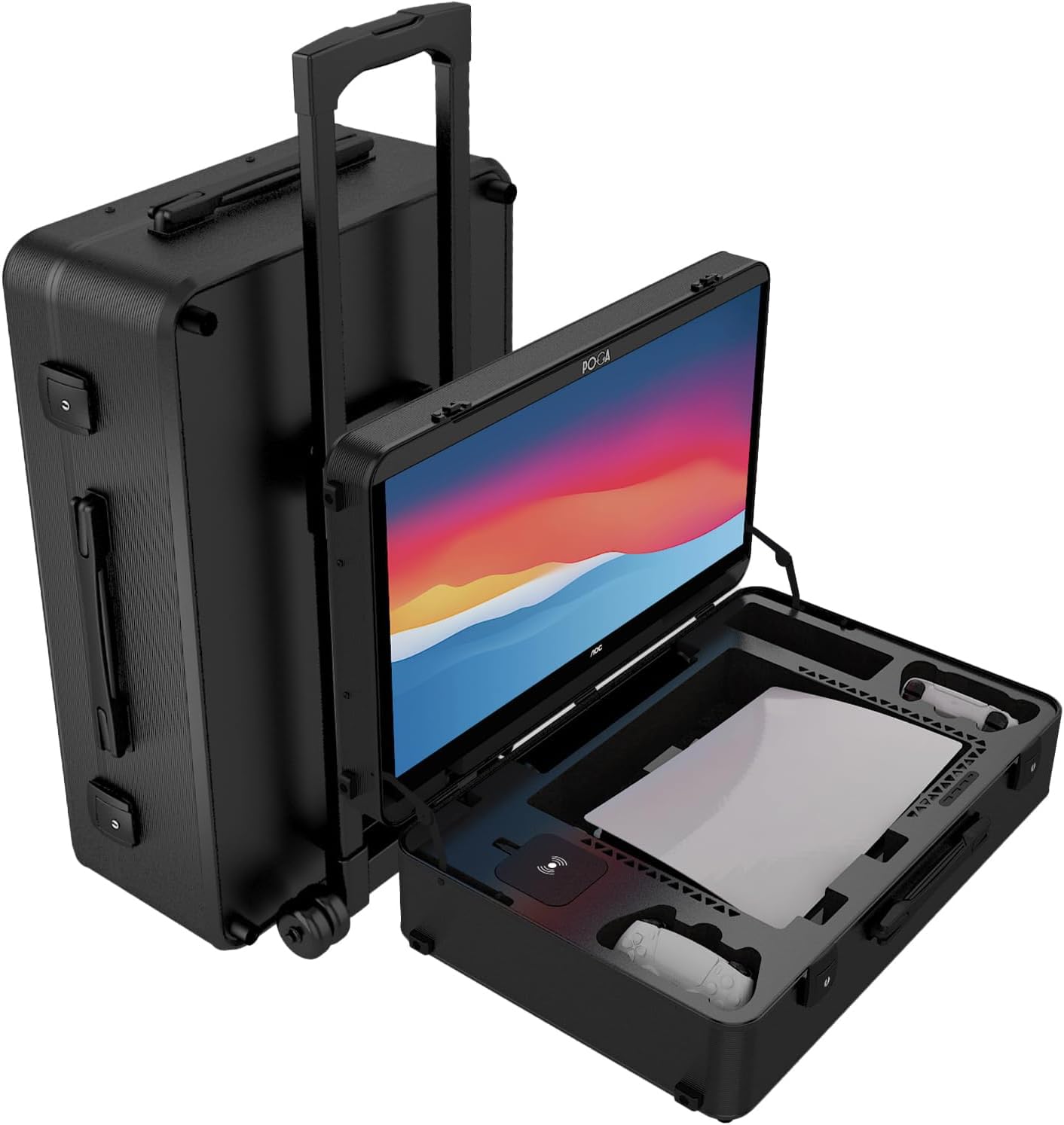 POGA YEZ compatible with PS5 Premium Portable UHD/4K Console Travel Case included Trolley  removeable Bluetooth Speaker and 27 AOC Gaming Monitor - Black