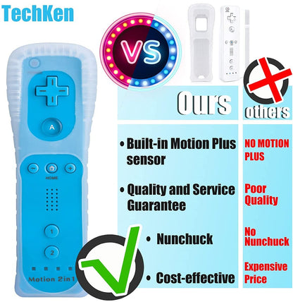 TechKen Wii Controller Set of 2 with Nunchuck - Red & Blue, Wii Accessories