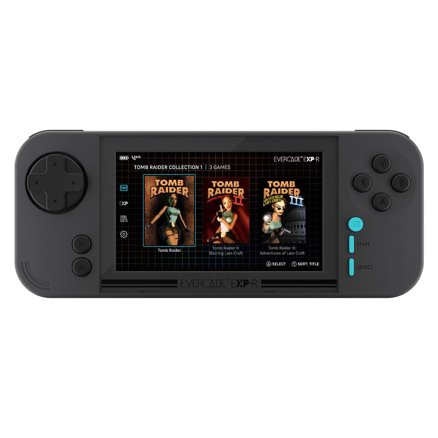 Evercade EXP-R Retro Gaming Handheld Console - Charcoal Grey with Turquoise Accents, Model FG-EXPR-HHC-USA, Includes Tomb Raider 1, 2 & 3